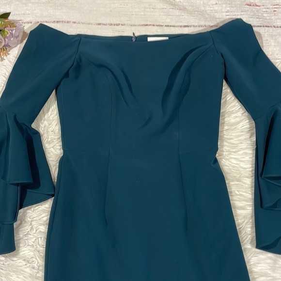 Milly Selena Slit Off The Shoulder Ruffle Tiered Sleeve Dress In Teal - Picture 9 of 11